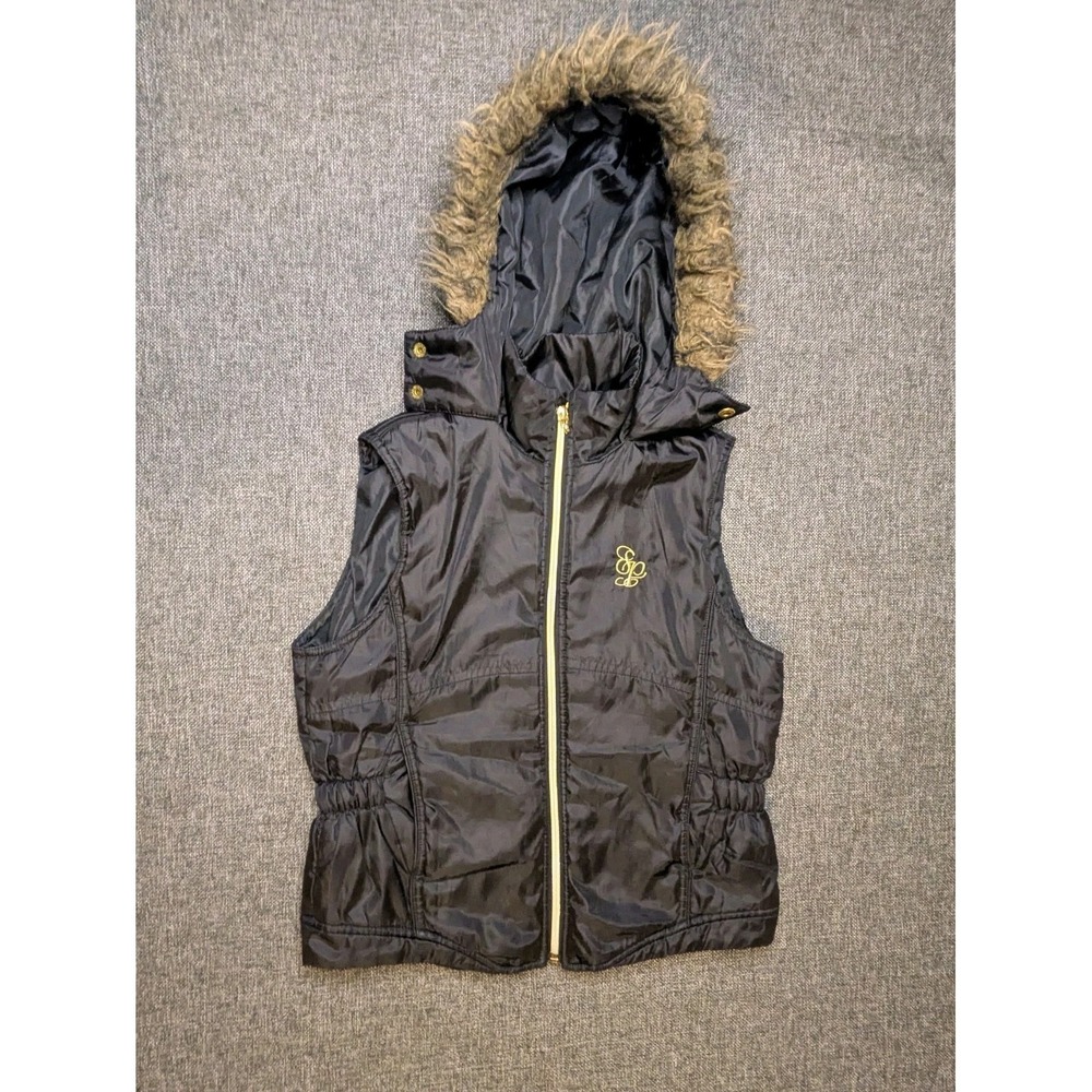 Y2K South Pole Puffer Vest Women's Small Puff Faux Fur Black Hooded Jacket Urban